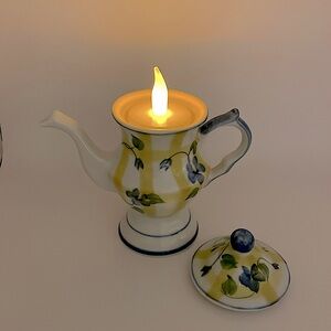 Andrea By Sadek, Tealight Holder, Ceramic Teapot, Blue Violets, Yellow Plaid, 5”